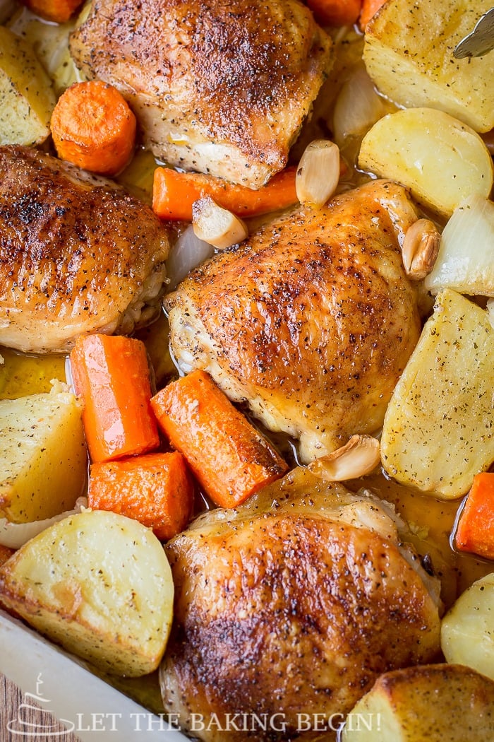 One Pot Chicken & Potatoes, simple & delicious dinner idea. Just toss in the baking dish with seasoning & roast! By LetTheBakingBeginBlog.com